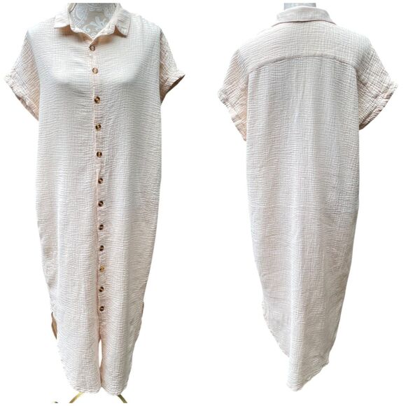 Womens Oversized Shirt Dress M Nude Pink Textured Gauze Button Down Side Slits - Picture 15 of 16